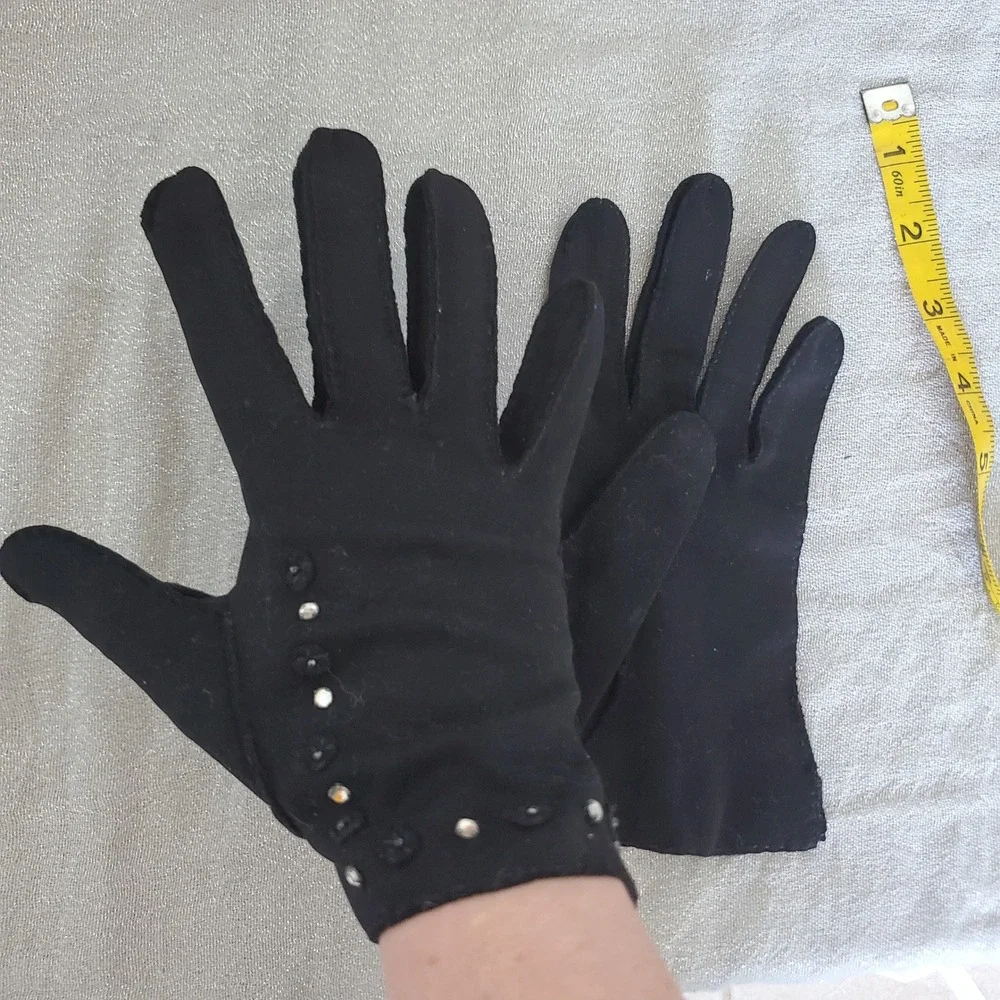Vintage Black‎ Formal Gloves Rhinestone Floral Embellished Wrist Length Evening